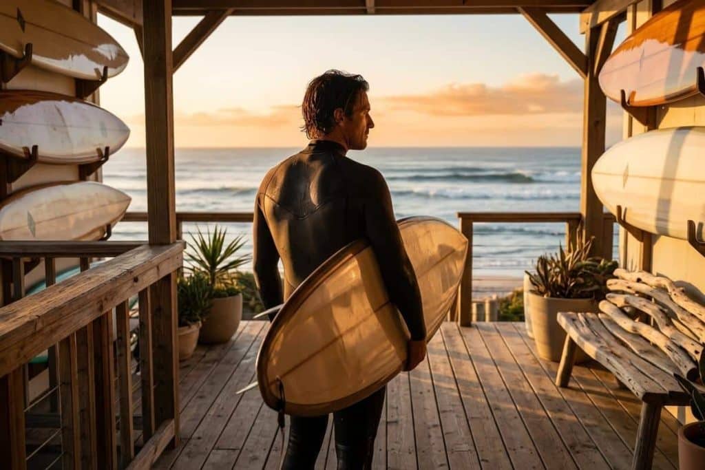 Homme en combinaison avec une planche de surf